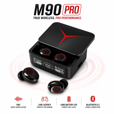M90 Pro TWS True Wireless Earbuds – Bluetooth 5.3 Earphones with HiFi Stereo Bass, ENC Noise Cancellation & 1200mAh Power Bank Charging Case